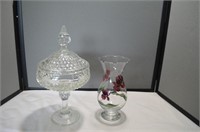 Glass Candy Dish with lid and handpainted vase