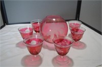 Cranberry Etched Orchid Vase with six glasses