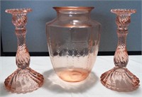 Depression Pink Candleabras and vase - Pink