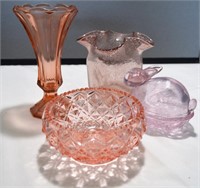 Pink Glassware - 2 Candy Dishes and 2 Vases