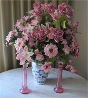 Vase w/ Artificial Flowers & Candlestick Holder
