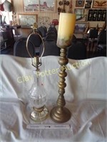 Large Brass Candlestick & Crystal Lamp