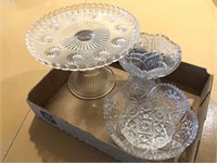 Footed glass bowls, candy dish, cake platter