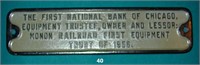 Cast iron engine ID plate FIRST NAT'L BANK OF CHIC