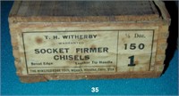 Lot: Wooden Box w/ T.H. WITHERBY CHISELS label