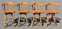 4 Matching Heavy Wood on Swiveling Seat Bar Stools