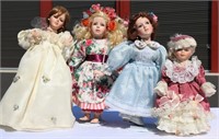 4 Girl Porcelain Headed Dolls in Pretty Dresses