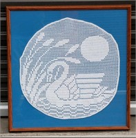 Framed Crocheted Lace Swan & Moon Art by Hand