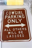 Vintage Embossed Heavy Metal Cowgirl Parking Sign