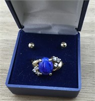 Sterling and Solid Blue Stone Ring and Tiny Studs