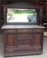 Antique Dark Oak Mirrored Mantel Buffet