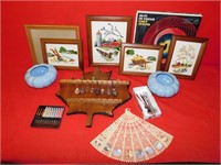 Pictures, collector spoons, fan, records etc