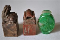 2 Antique Asian Stone Stamps, Snuff Bottle