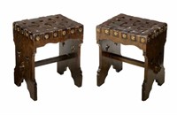 (2) SPANISH WOVEN LEATHER & CARVED STOOLS
