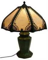 VINTAGE SLAG GLASS & GLAZED CERAMIC TABLE LAMP