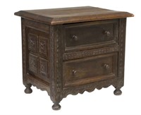 DIMINUTIVE SPANISH CARVED CHEST OF TWO DRAWERS
