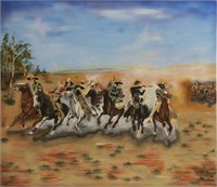 LARGE WESTERN PAINTING AFTER REMINGTON, 60"x72"