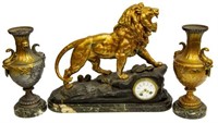 (3) FRENCH "SOCIETE CLUSIENNE" LION MANTEL CLOCK