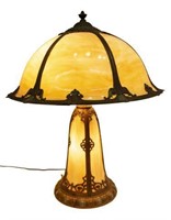 AMERICAN SLAG GLASS & PATINATED METAL TABLE LAMP