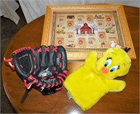 School Photos, Baseball Glove & Tweety Bird Puppet