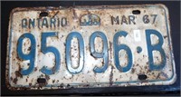 Ontario March 1967 License Plate