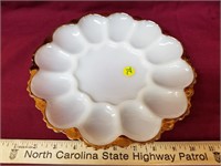 Milk glass? Egg Dish with gold trim