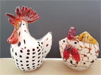 Blown art glass rooster paper weight and bowl