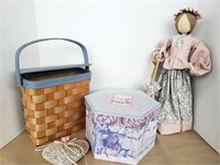 Vintage doll, basket and hat box
