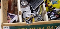 Box with flashlights, license plate, tools