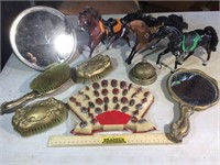 Toy Horse Figurines, Brass Service Bell, &