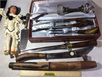 Knives, Carving Set, Indian Doll & Pipe, & More