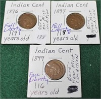 3 INDIAN HEAD CENTS, 1896, 1897, 1899