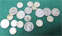 19 COINS - 7 PRE 64 QUARTERS, 12 PRE 64 DIMES, 1