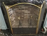 BRASS AND IRON ANDIRONS AND BRASS FIRE SCREEN