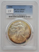 1999 SILVER EAGLE PCGS MS67 TONER