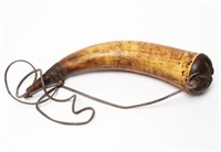 Black Powder Horn, Wood-Mounted, Antique Militaria