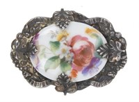 LADIES STERLING SILVER PAINTED PORCELAIN BROOCH