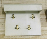 Painted Wooden Hat Rack with Brass Hooks.