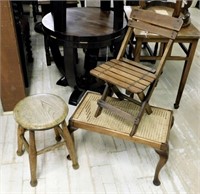 Oak Stools and Child's Folding Chair.