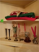 CHRISTMAS SHELF -- CANDLE HOLDERS AND LINENS