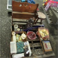 Small wood bench, stool, framed pictures