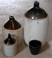 4 pieces stoneware: 3 brown top jugs &  one small