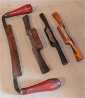 4 antique tools: 3 wooden spoke shaves - one is