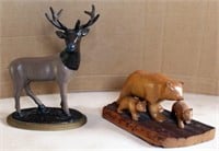 2 pieces: cast iron Elk bank and wooden bear