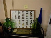 Butterfly print, Metal Home Sign and wine bottles
