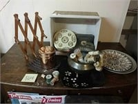 Mug rack, copper canisters, platters, basket,