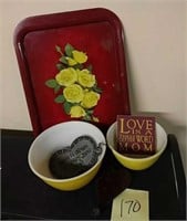 Yellow pyrex stacking bowls, rose tray and heart