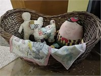 Humpty Dumpty basket, quilted dog, Amish doll,