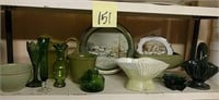 Currier and Ives and green glassware