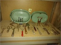 Vintage garden hand tools, enamelware pots, brass